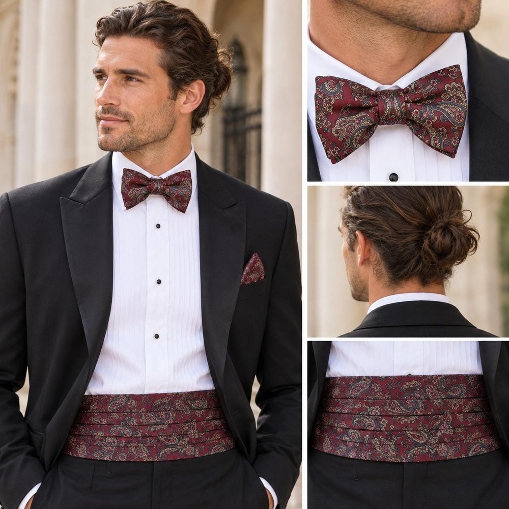 Vintage Robert Talbott Protocol Silk Paisley Bow Tie & Cummerbund Set — Burgundy